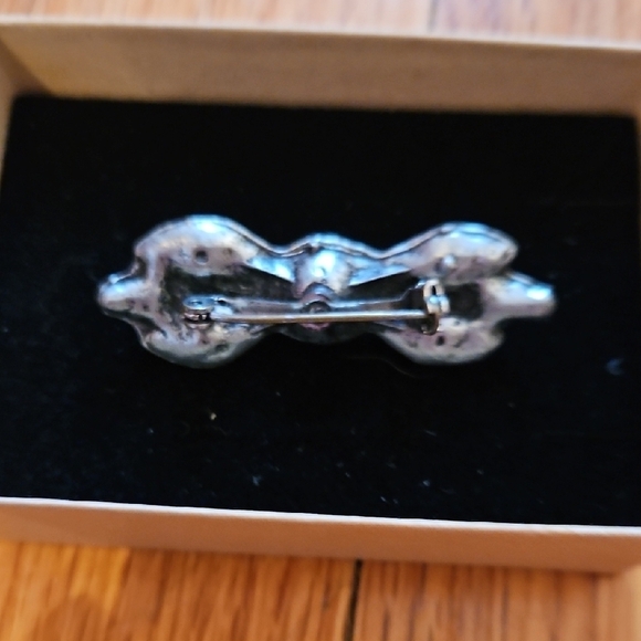 Amber And Rhinestone Inlaid In Silver, Bow-Shaped Brooch, Vintage, EUC - Picture 3 of 3